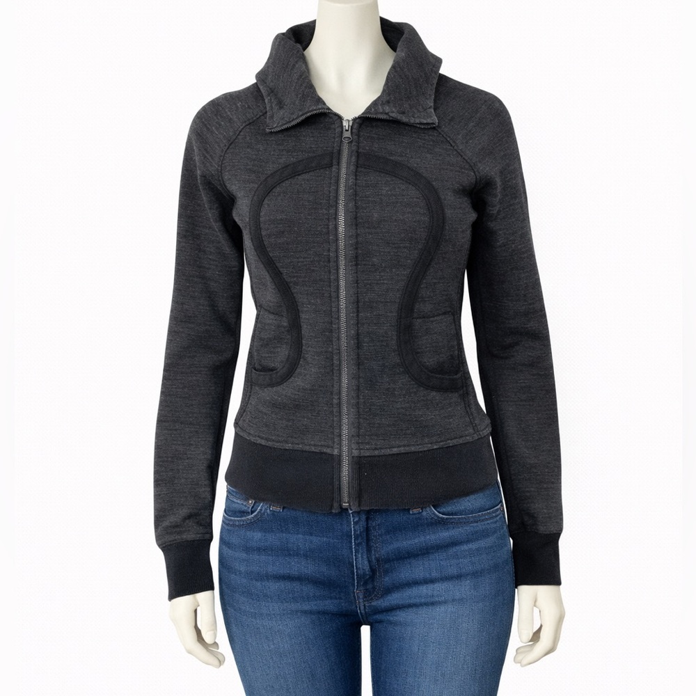LULULEMON Scuba Hoodie Heathered Grey Black Fleece Lined Thumbholes Size 4
